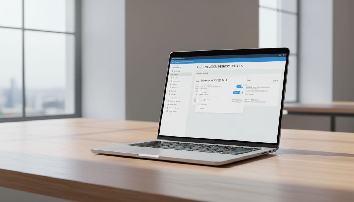 Laptop screen shows Entra ID admin center TAP policy options on wooden desk in bright office.