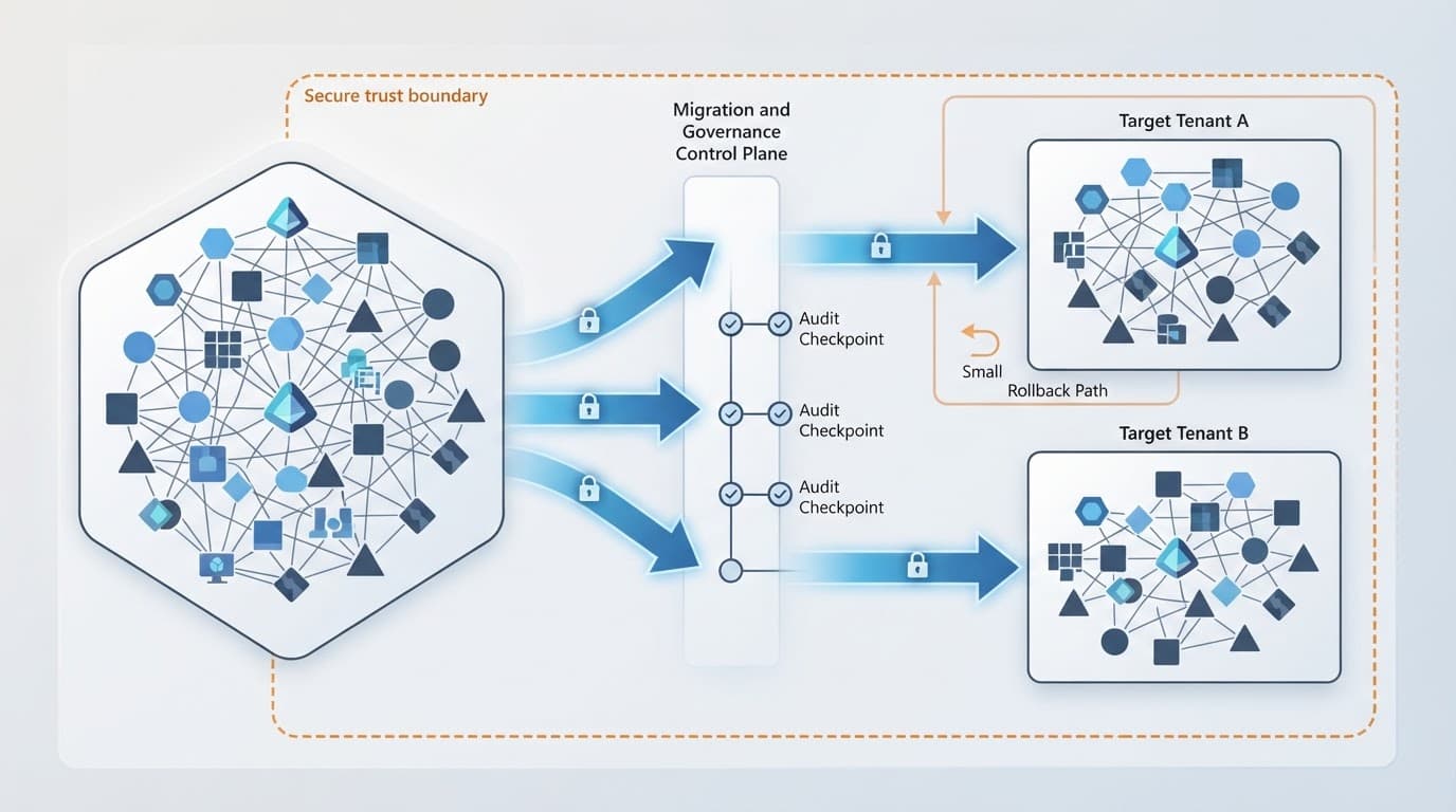 Diagram showing one cloud tenant splitting into two isolated identity and resource domains.