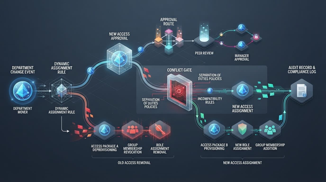 An identity token follows separate old and new access paths through approval and conflict checks.