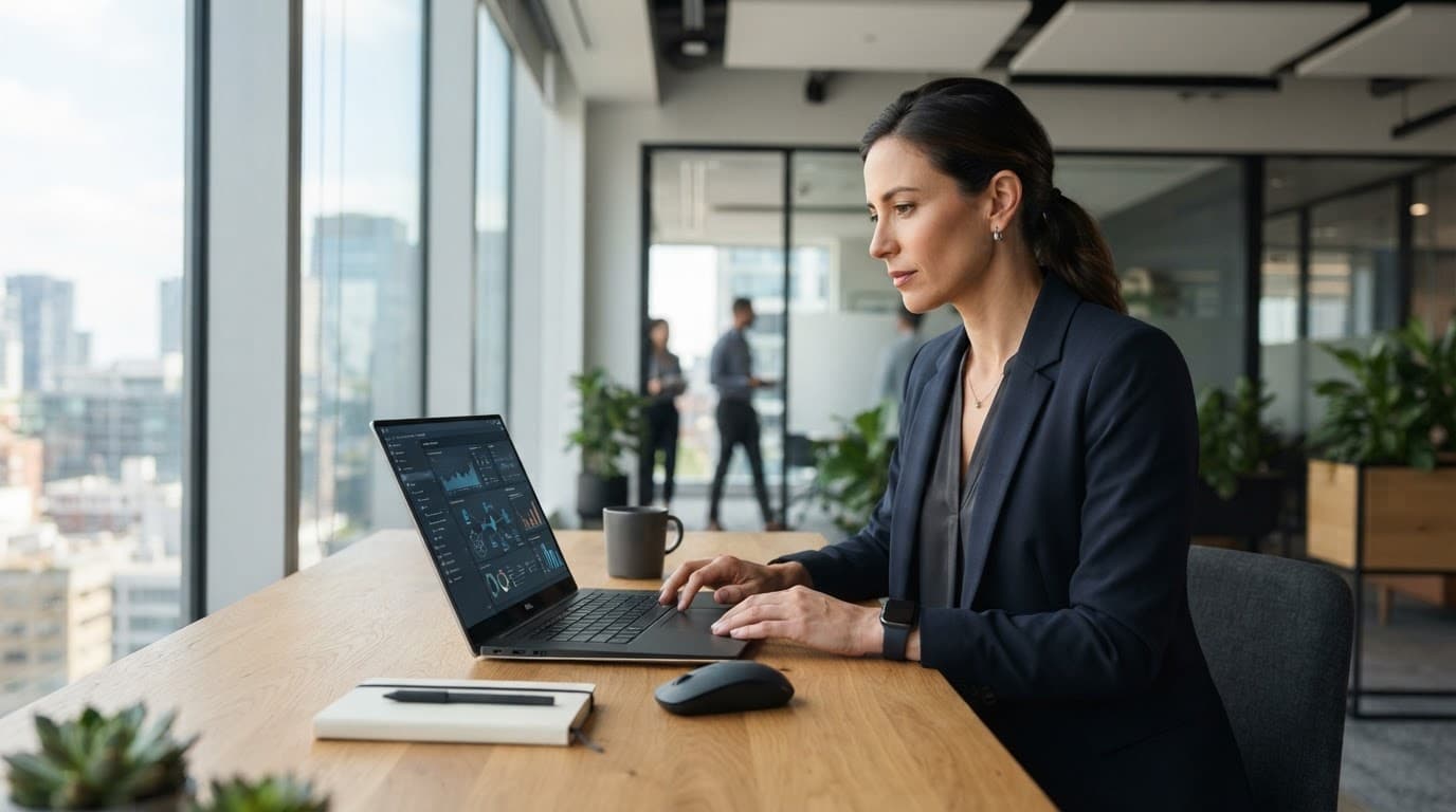 An IT executive reviews security information on a laptop at a wooden office desk.
