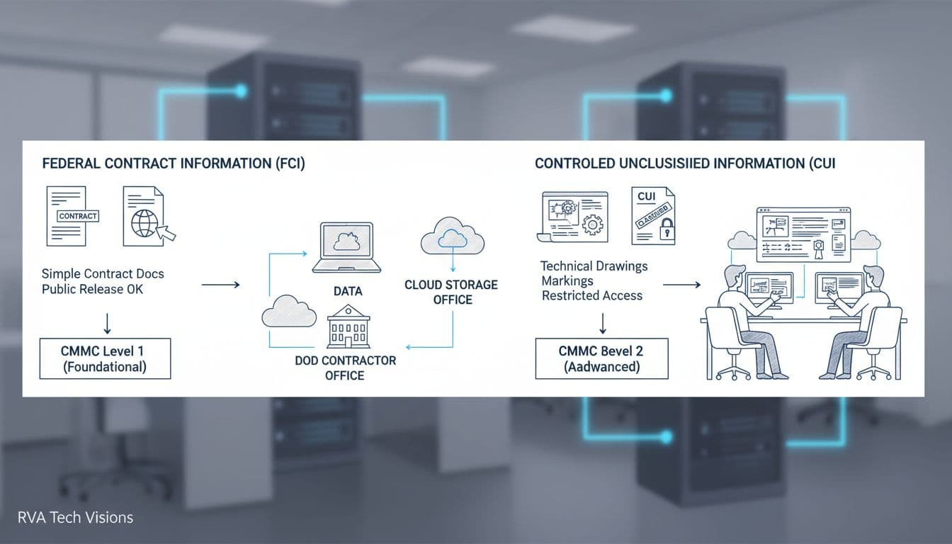 Infographic contrasting FCI vs CUI and how it maps to CMMC levels