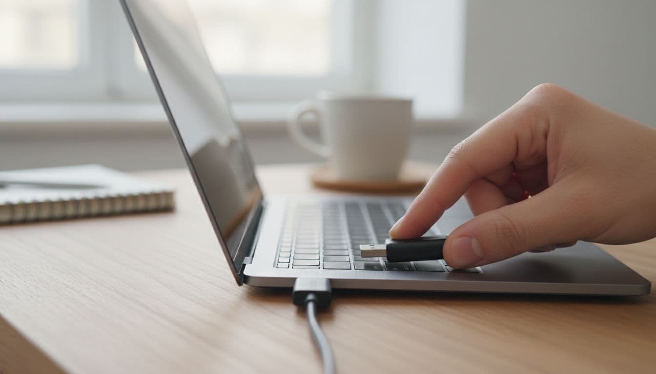 Close-up of a hand inserting a compact black FIDO2 USB security key into a modern laptop's USB-C port adapter on a wooden desk with notebook and coffee mug in soft focus background.