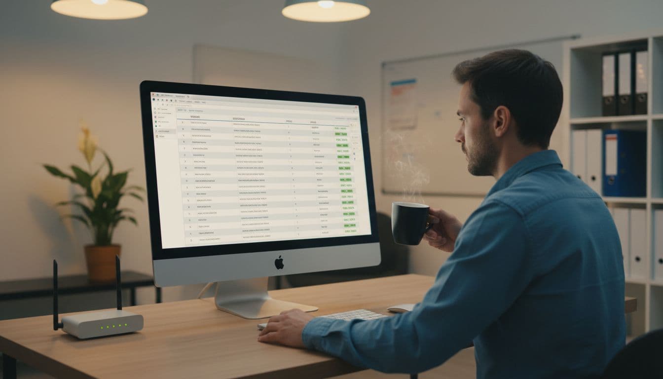 A professional reviews a clean, modern firewall management dashboard in a small office, displaying rule lists with source, destination, ports, and actions columns, accompanied by a coffee mug under soft lighting.