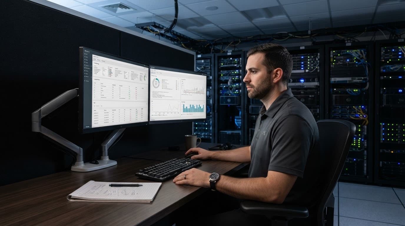 An IT engineer reviewing firewall rules on dual monitors in a server room.