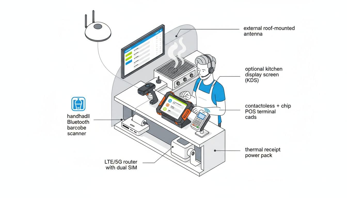 Infographic-style scene inside a busy food truck showing an operator using a rugged tablet POS, card reader, printer, KDS, dual-SIM router, external antenna, and battery backup.