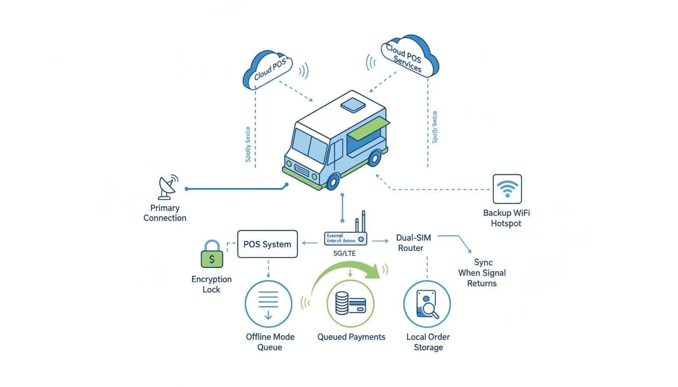 Infographic network diagram showing a food truck POS connected via dual-SIM 5G/LTE router with external antenna, backup Wi-Fi, offline queuing, encryption, and sync when service returns.