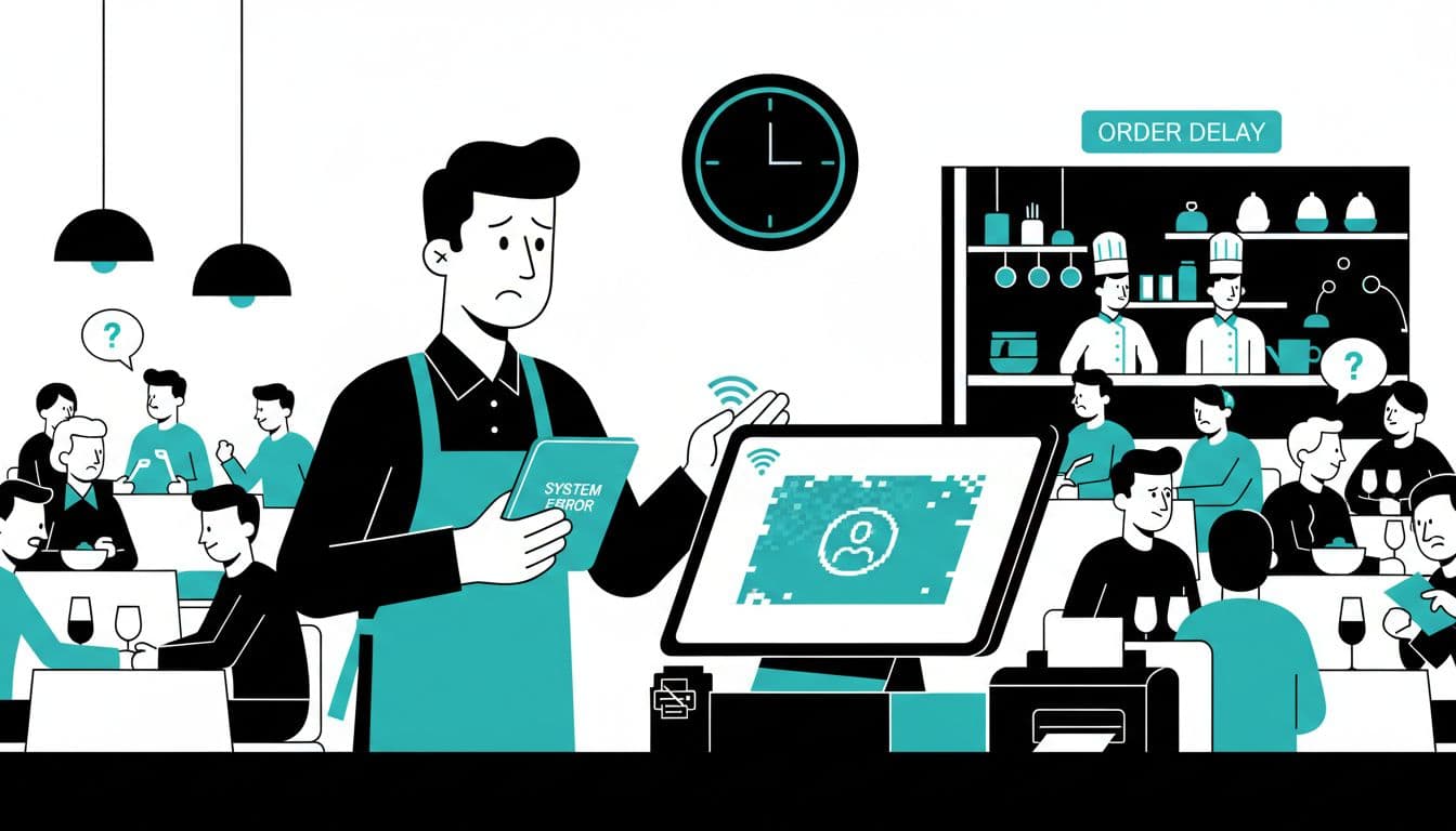 Modern flat design illustration in high-contrast black/white with teal accents shows a busy restaurant dining room at peak dinner hour. A frustrated server stands at a freezing POS terminal holding a tablet with error, amid crowded tables, open kitchen, weak Wi-Fi and jammed printer icons.