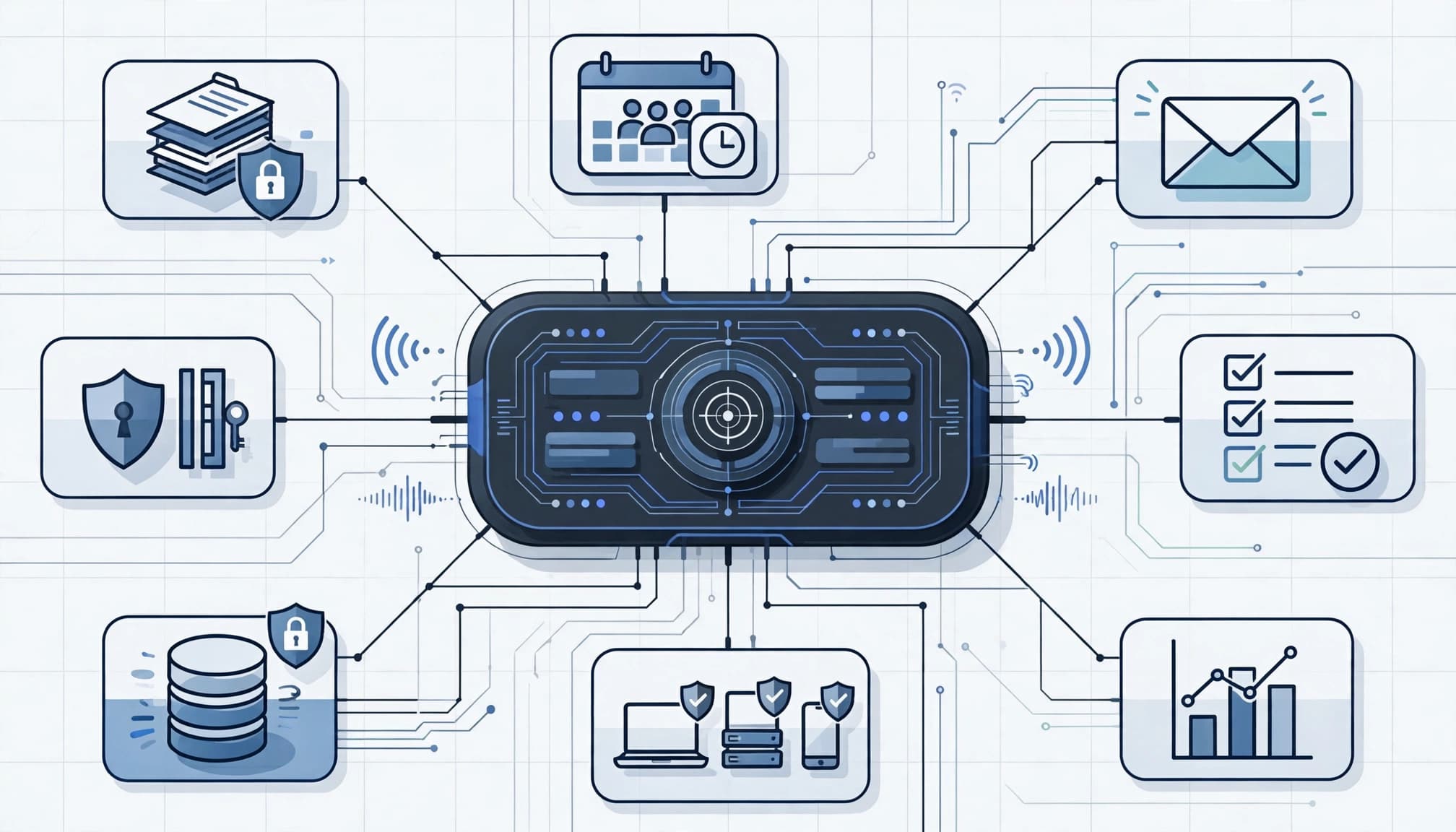 Central control dashboard linked to secure data, identity checks, approvals, and monitoring systems.