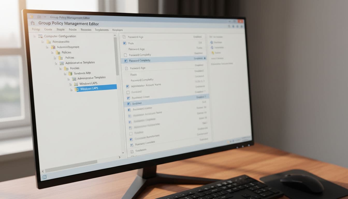 Close-up realistic photo of a computer screen in a small office showing the Group Policy Management Editor with LAPS settings highlighted, on a wooden desk with keyboard and mouse, natural office lighting, no people or readable text.