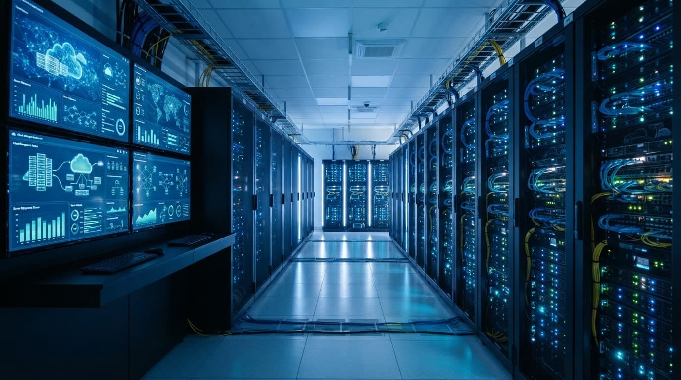 Blue-lit server racks stand beneath cloud management screens in a clean data center.