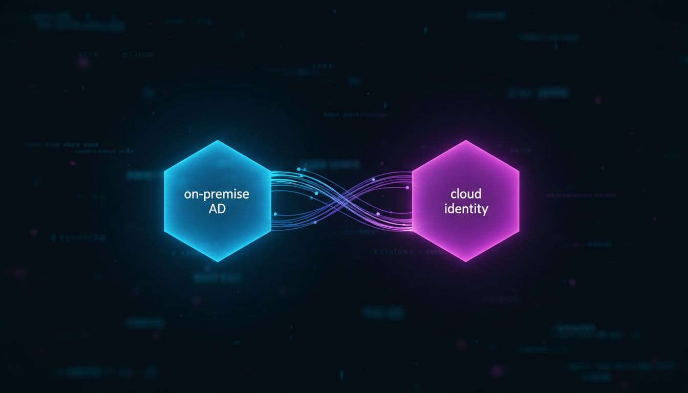 Two glowing nodes representing on-premise and cloud identity systems connected by a secure digital bridge.