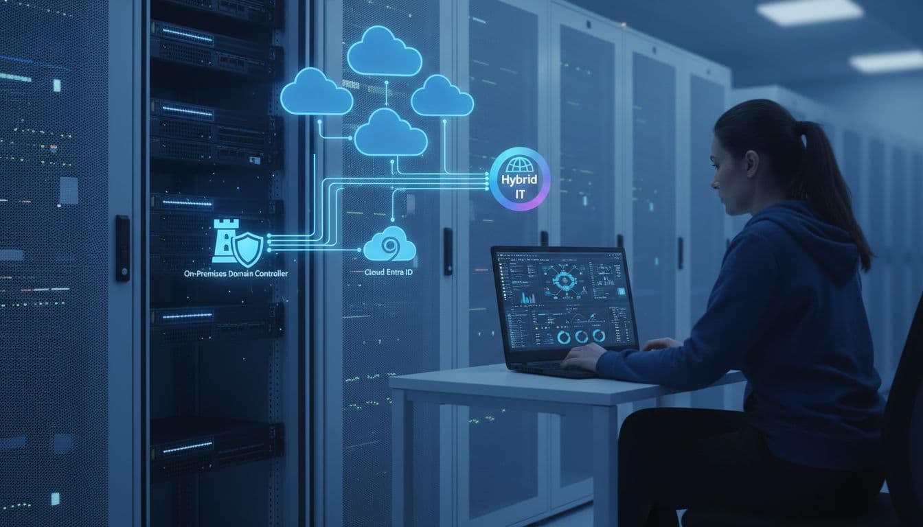 Data center rack with servers connects to cloud icons via secure lines; one IT admin monitors dashboard on laptop.