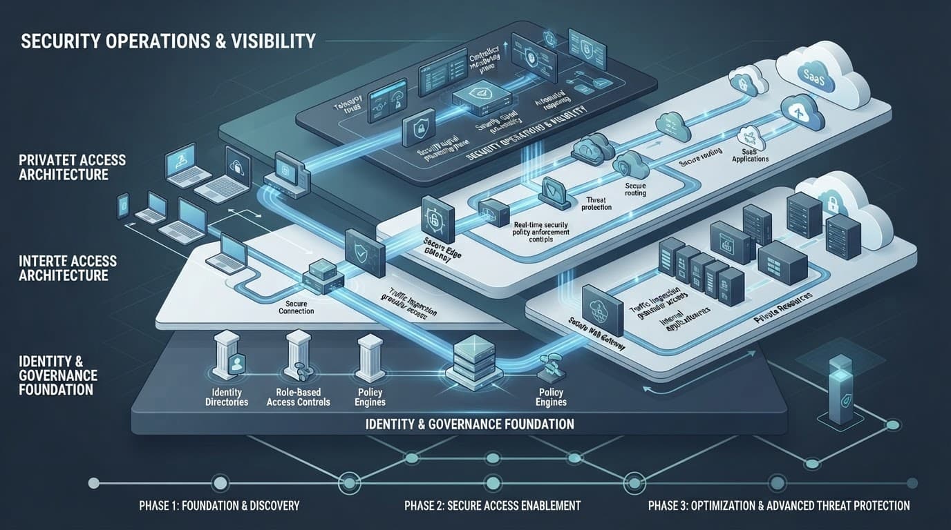 Blue enterprise diagram showing identity access layers and phased security components.