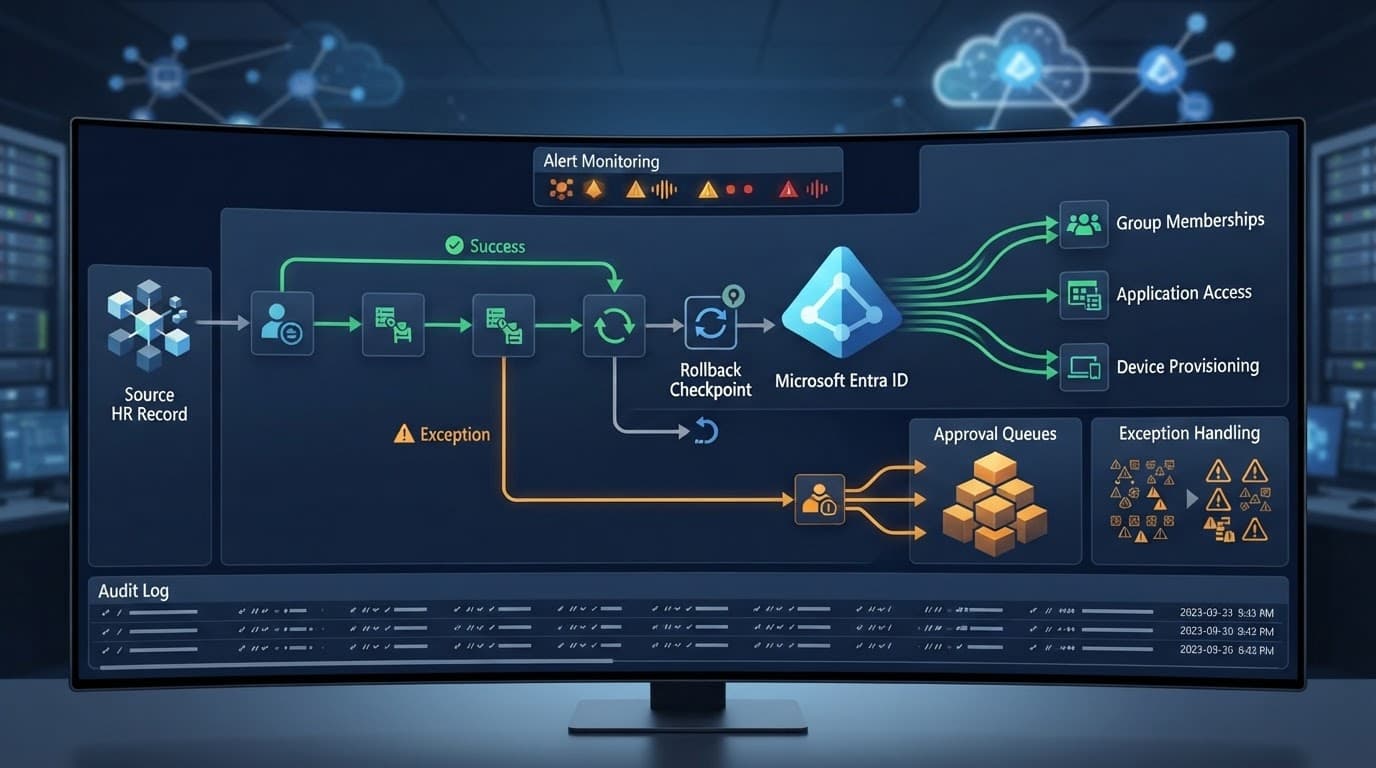 Abstract dashboard showing identity workflow branches, rollback, and audit monitoring.
