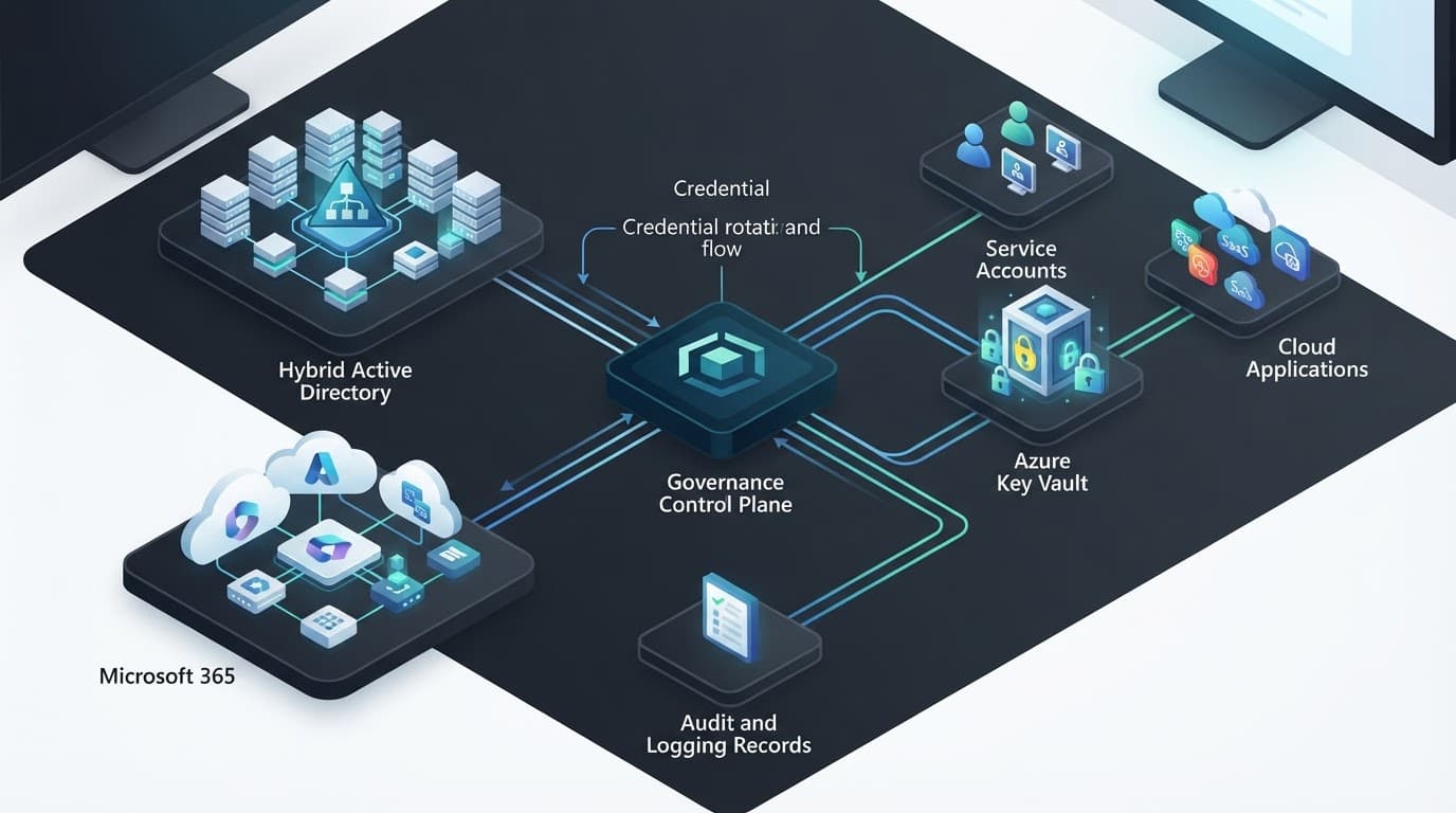 A central identity control plane connects directory, vault, application, and audit nodes.