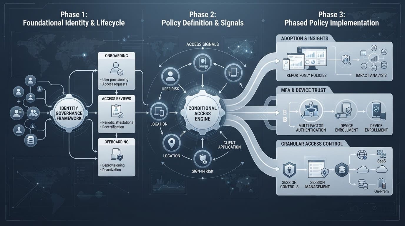 Blue diagram showing identity controls, access signals, and a phased security deployment.