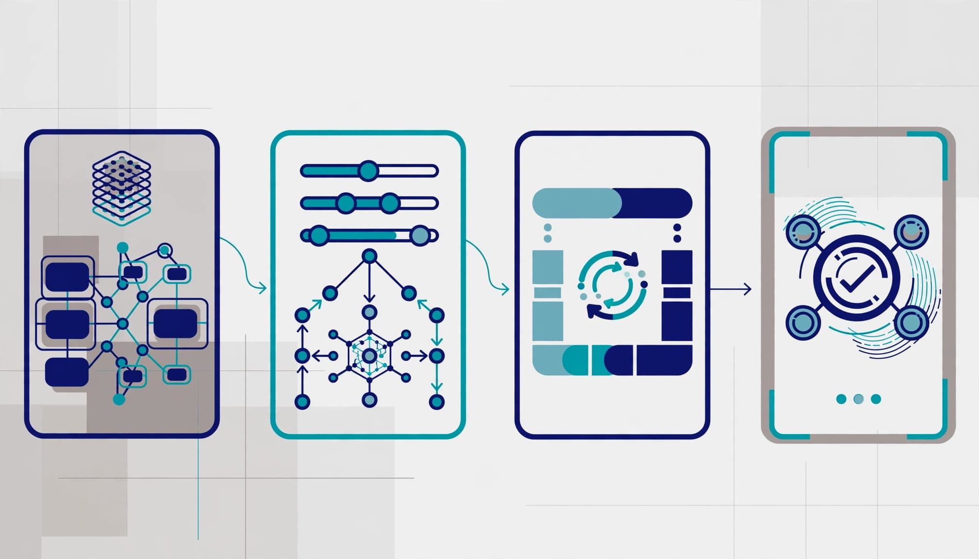 An abstract IT architecture diagram with four connected panels showing a workflow.