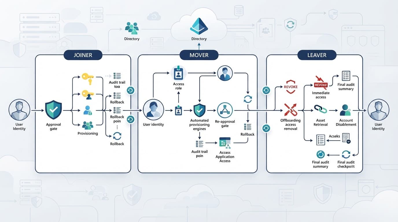 A wide diagram shows identity changes, access controls, audits, and rollback steps.