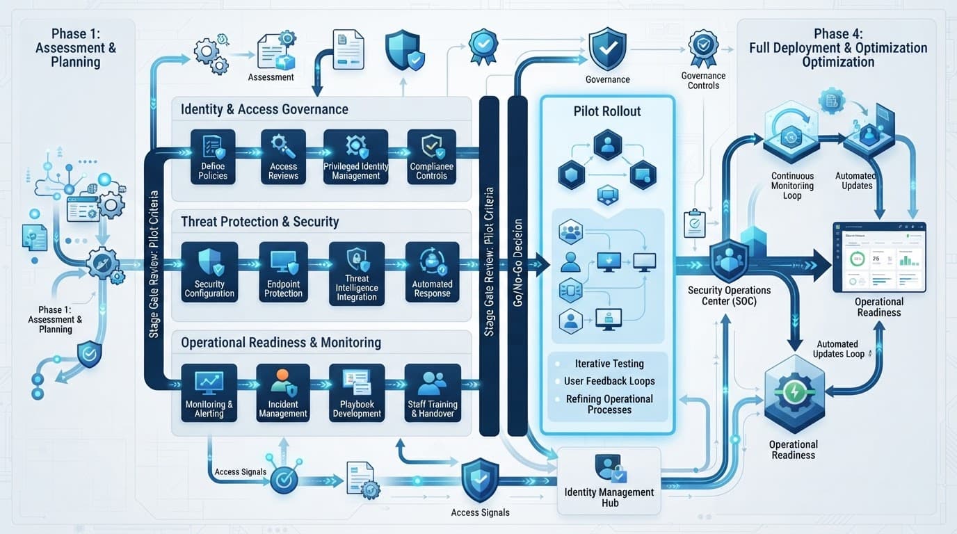 Abstract diagram showing phased identity rollout, governance controls, and connected access signals.