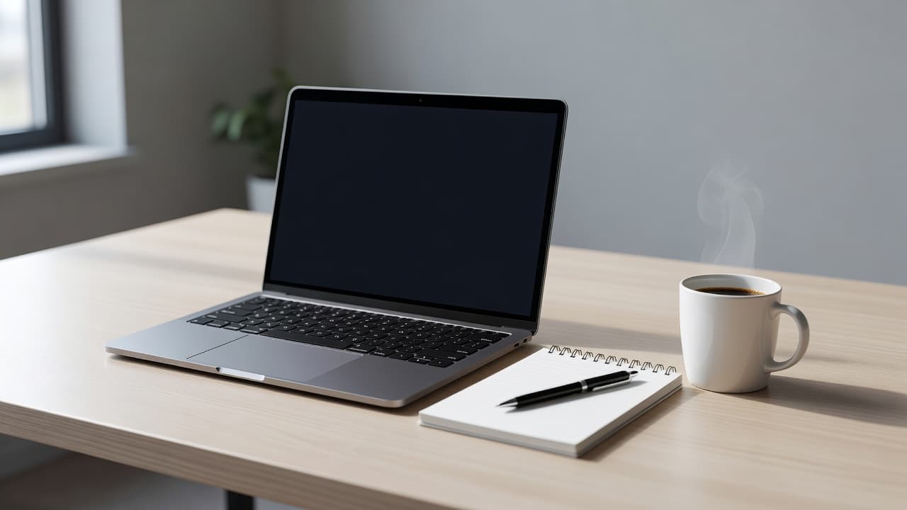 A clean workstation featuring an open laptop, a spiral notepad, and a steaming ceramic mug of coffee. Soft natural light illuminates the organized surface, creating an atmosphere of focused analytical work.