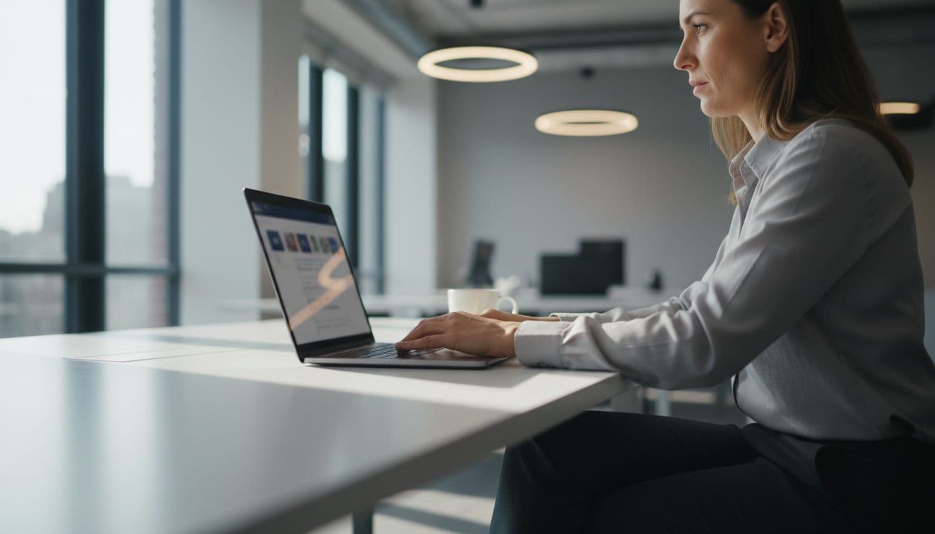 IT administrator at a modern office desk configures Microsoft Intune policy on a laptop to block macros in Office apps, with blurred admin console on screen and natural daylight lighting.