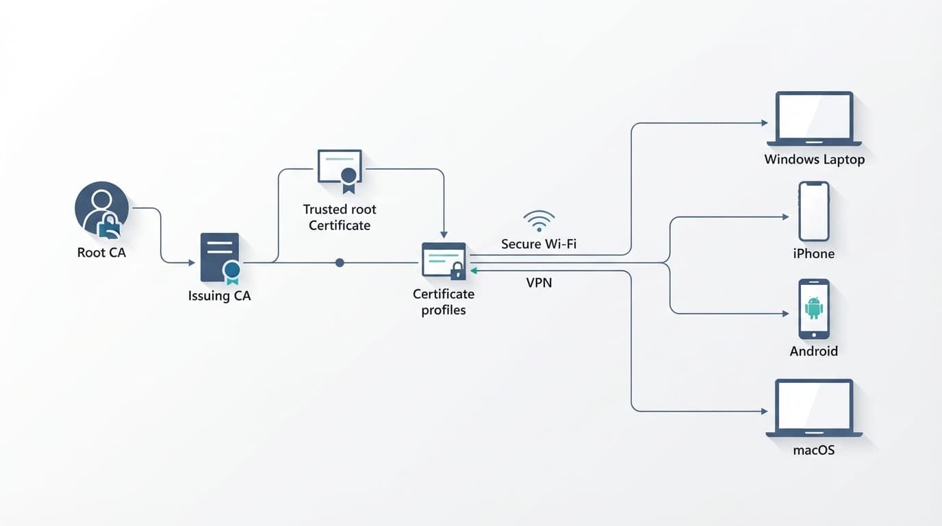 A cloud management diagram connects certificate authorities to four types of endpoint devices.