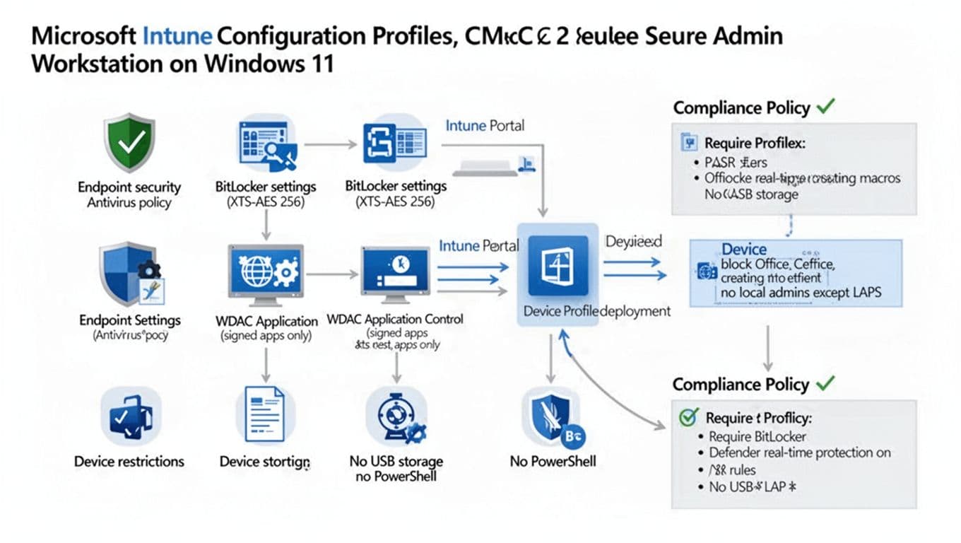 Clean professional vector diagram showing Intune config profiles for CMMC Level 2 secure admin workstation on Windows 11, including antivirus, BitLocker, WDAC, ASR rules, device restrictions, and compliance checks.