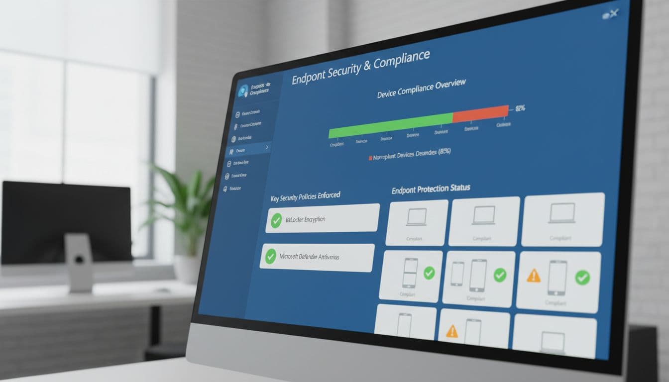 Intune admin console dashboard on a computer screen displaying device compliance policies, endpoint security status for multiple devices with green checkmarks for BitLocker and Defender, and a simple chart of compliant devices. Professional office background with one angled monitor, no people, readable text, logos, or watermarks.