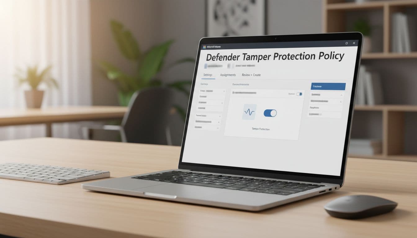 Laptop screen angled on modern office desk shows Intune policy creation interface for Defender tamper protection, with keyboard and mouse nearby.