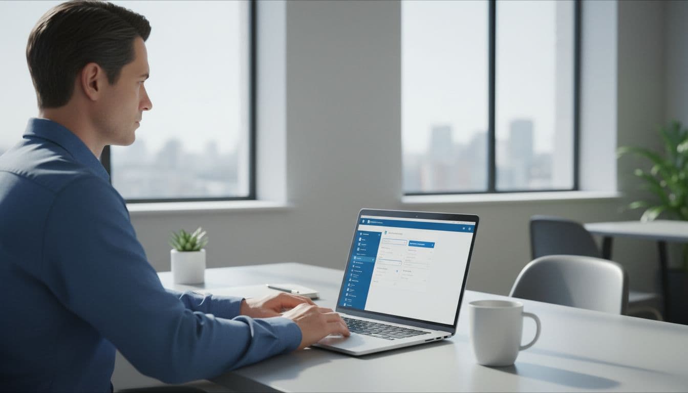 IT administrator at a desk in a modern office views the Intune dashboard on a laptop screen displaying LAPS configuration settings, in a clean professional environment with a coffee mug nearby and natural daylight.