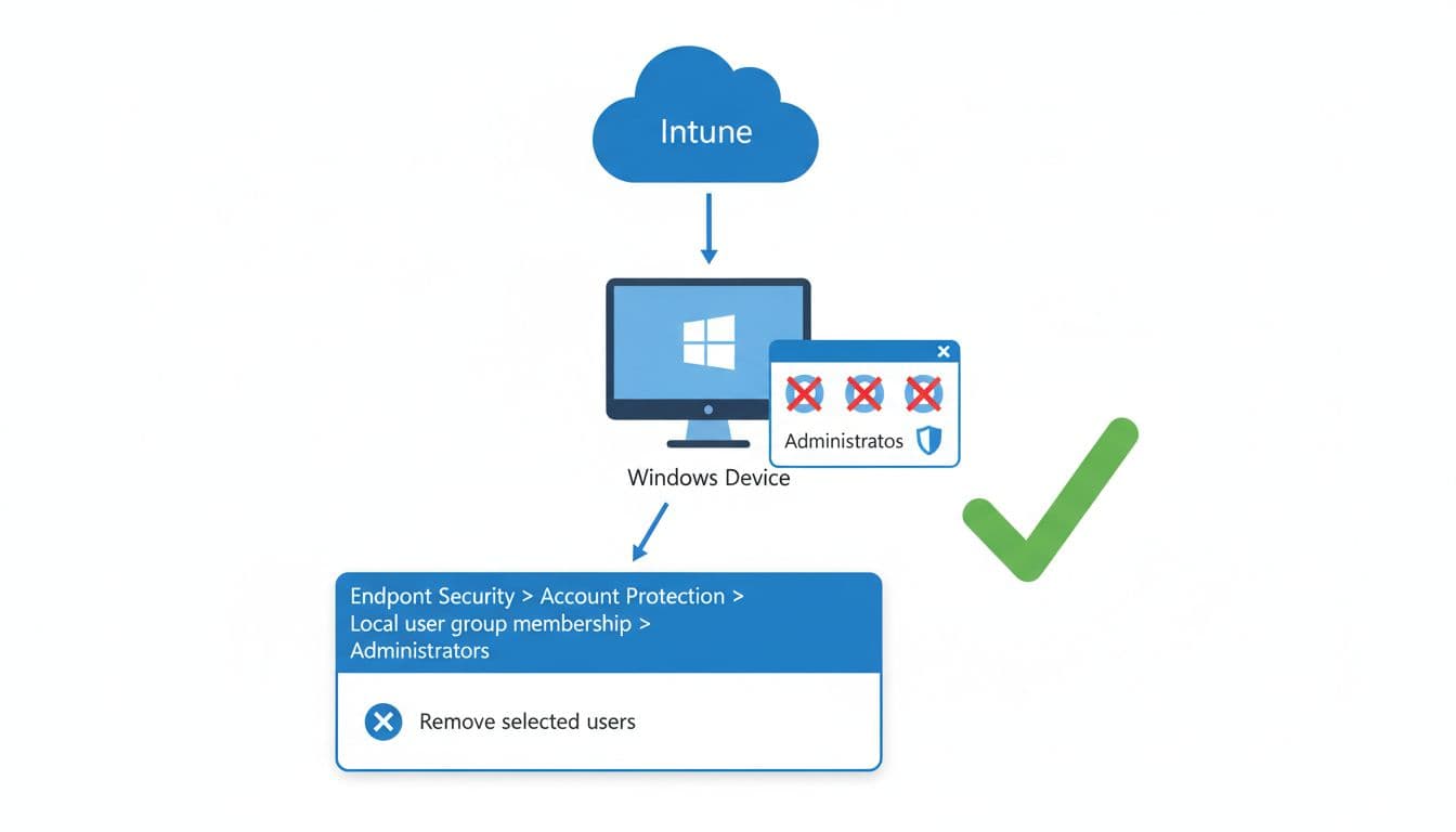Simple flowchart diagram depicting the Intune process for removing local administrators from Windows devices using Endpoint Security Account Protection policies, from cloud icon to policy panel to device with crossed-out users and success checkmark.