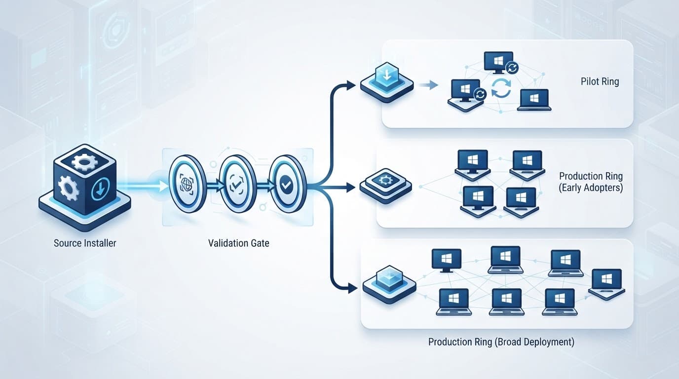 A central app package flows through testing, pilot, production, and managed Windows devices.