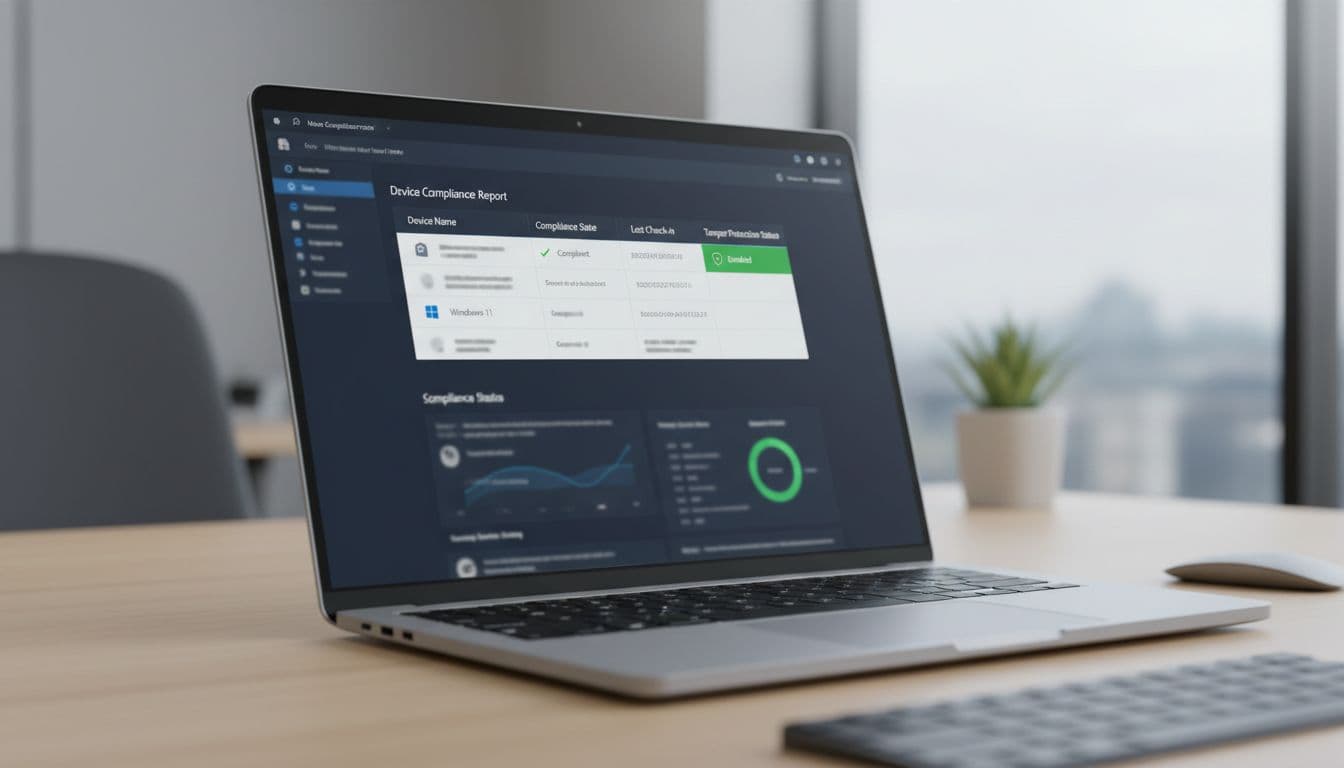 Laptop screen at angle on desk shows Intune device compliance report with tamper protection status under soft office lighting.
