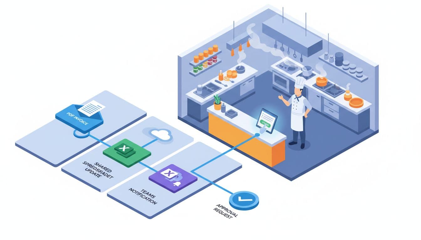 Isometric Power Automate workflow connecting Outlook, Excel, and Teams for restaurant invoice approvals