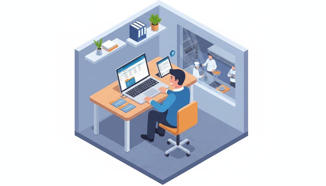 Restaurant manager using Microsoft 365 in a back office to organize invoices and vendor folders