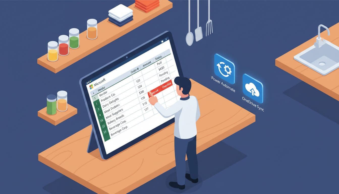 Isometric illustration of a Microsoft Excel vendor invoice tracking sheet in a restaurant office