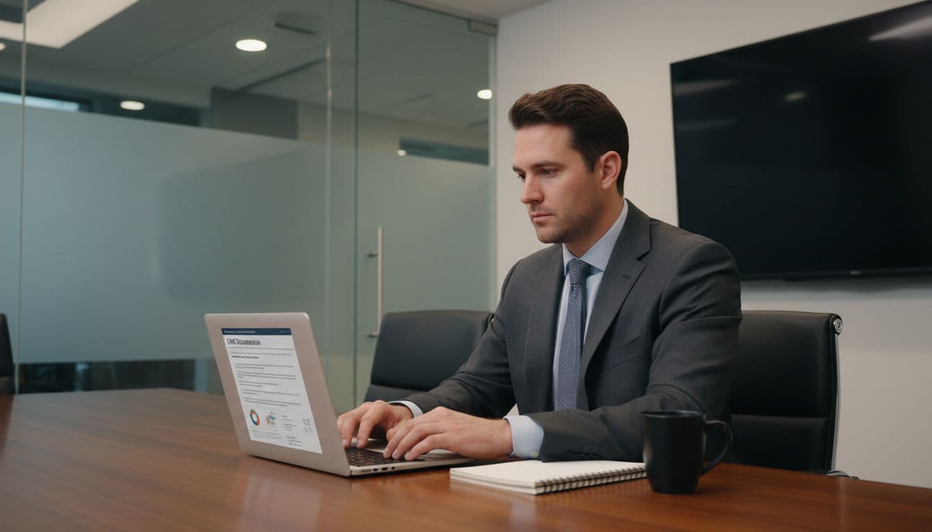 Professional IT admin in business attire sits at conference table with laptop open to CMMC docs, notebook, and coffee mug.