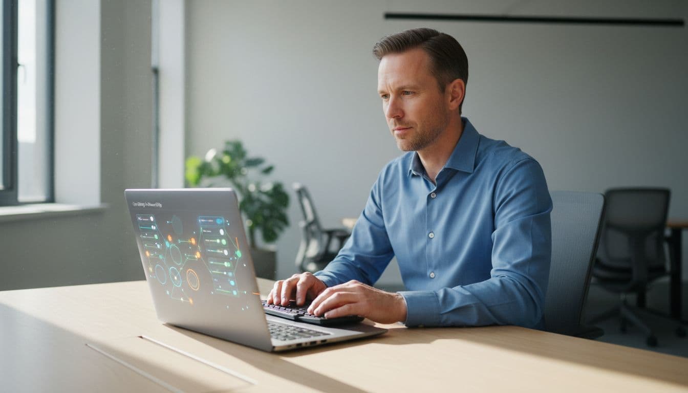 Professional IT administrator seated at a modern office desk with a laptop open to abstract browser policy settings, featuring security sliders and toggles, hands on keyboard under natural window lighting.