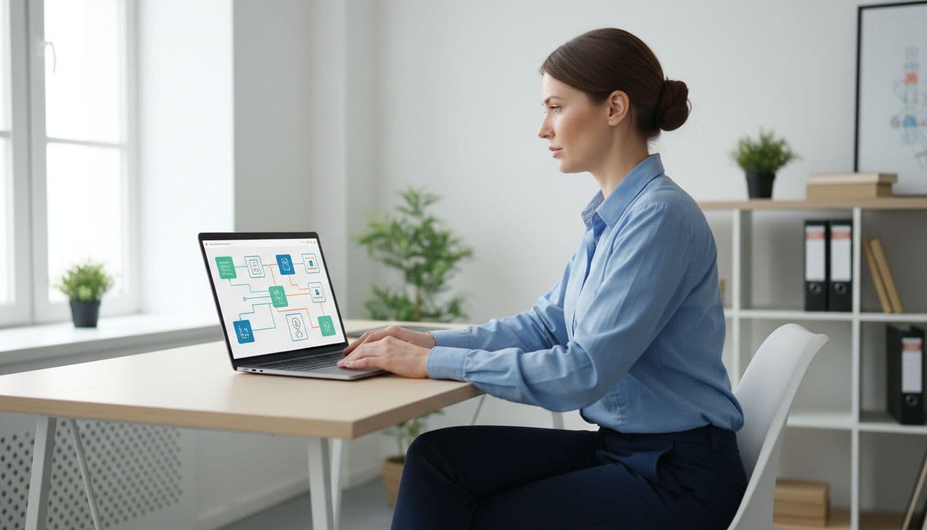 Professional IT administrator in a modern small business office, seated at a desk with a laptop open to a configuration dashboard resembling Microsoft Intune enrollment restrictions settings, realistic photography style with natural lighting.