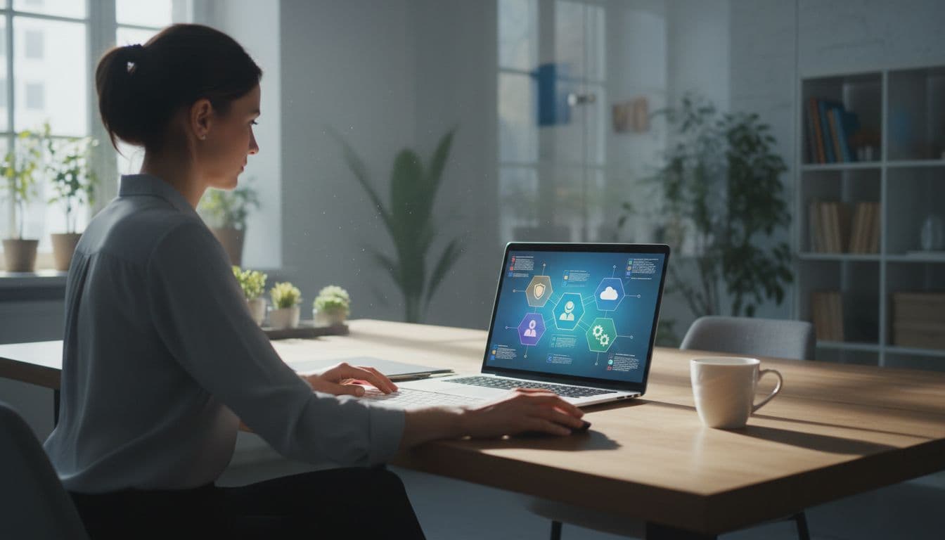 Professional IT admin seated at desk in bright office, working on laptop displaying abstract governance dashboard for role settings, with coffee cup nearby, soft natural light emphasizing workflow.