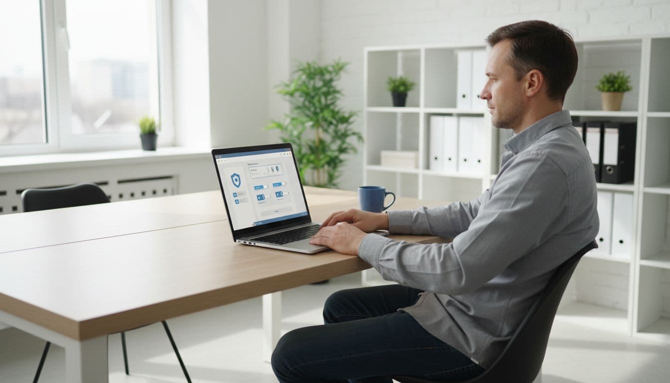 IT administrator at a desk in a modern small business office, configuring USB device control policy on a Windows laptop screen shown at an angle without readable text, relaxed hands on keyboard, coffee mug nearby, natural daylight lighting, realistic style.