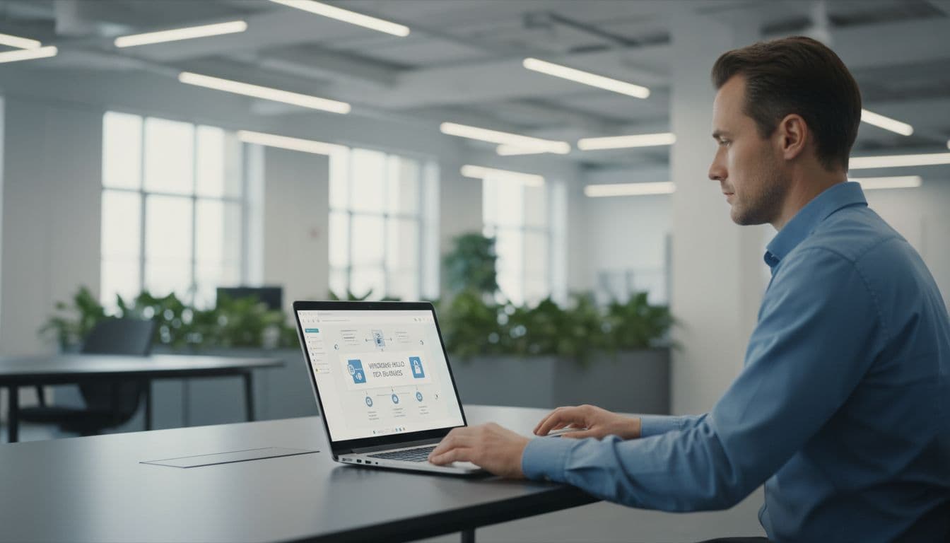 An IT administrator at a desk in a modern office configures Windows Hello for Business settings on a laptop screen shown at an angle, with an implied Intune dashboard but no visible text, in a clean realistic style with professional lighting.