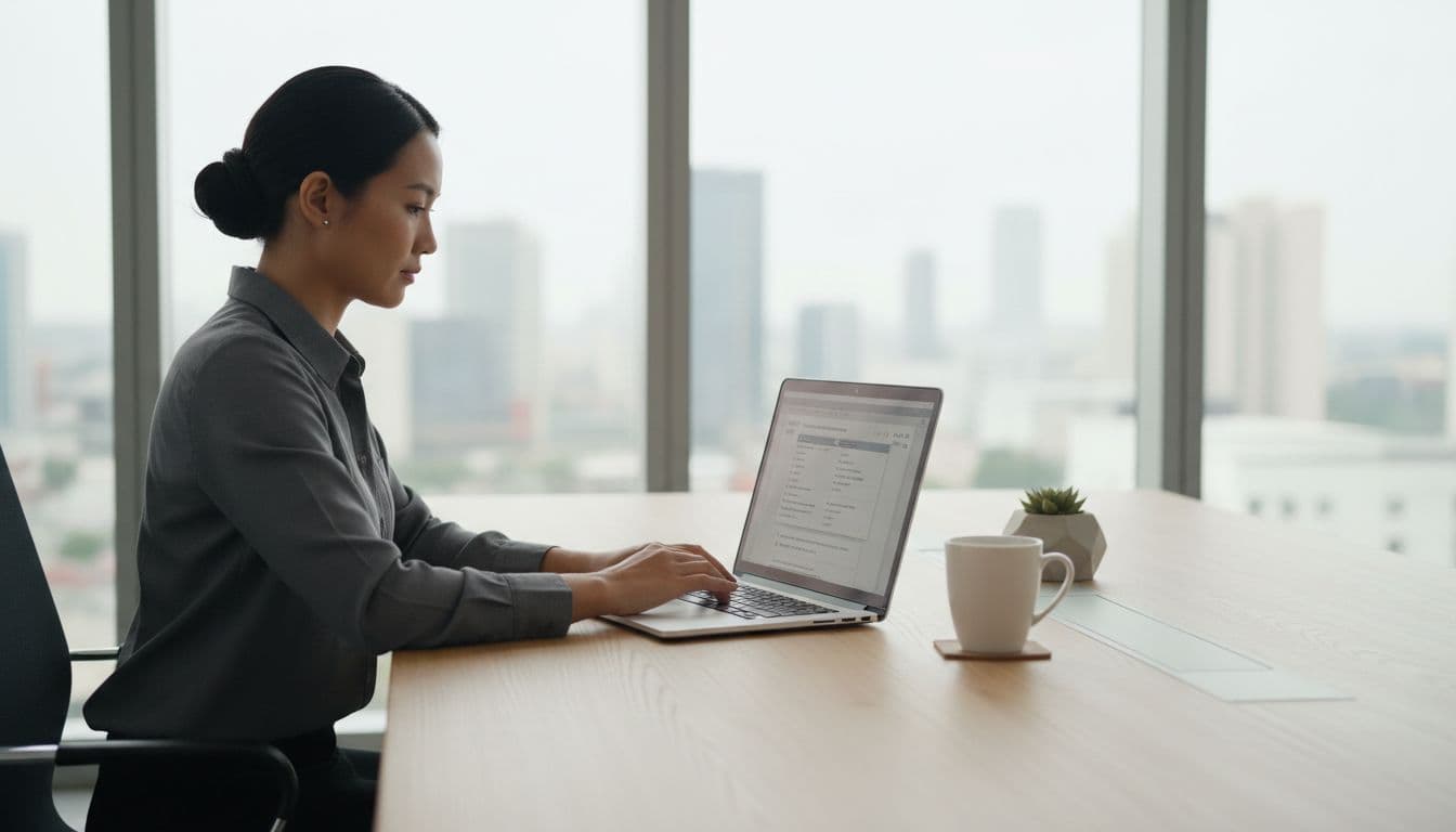 IT admin at modern office desk configures Conditional Access policy on angled laptop screen with blurred elements and coffee mug.