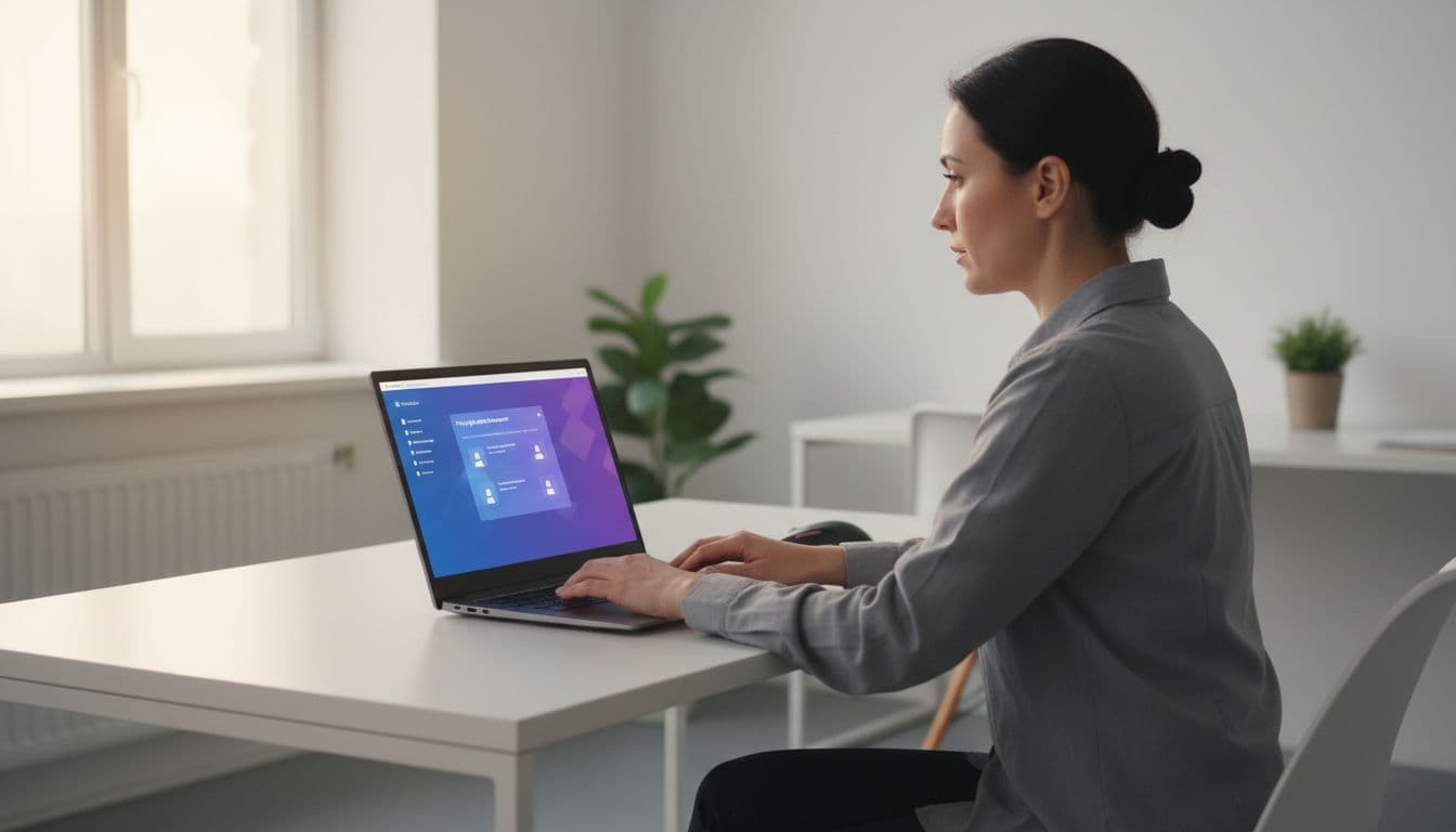 Professional IT admin seated at a modern desk in a small business office, intently working on a laptop angled to show an abstract Microsoft Entra portal dashboard with the PIM section highlighted, soft natural light from window.