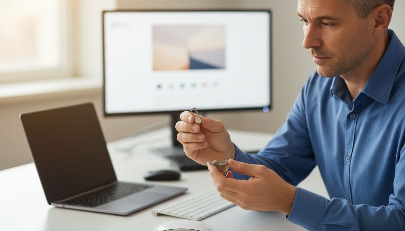 Professional IT administrator at modern office desk holding FIDO2 security key near open laptop with blurred dual monitors in background, realistic photo with warm lighting.