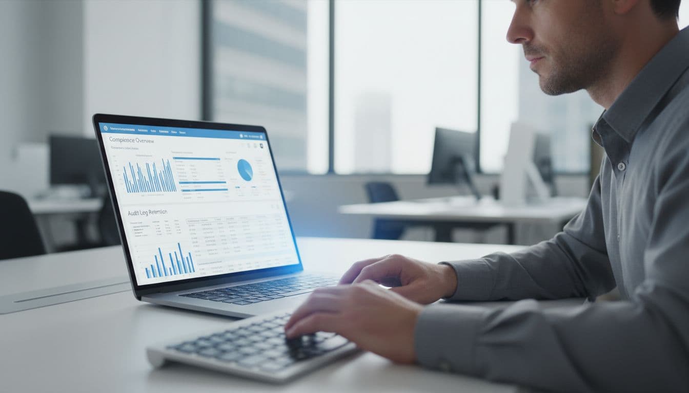 A professional IT admin sits at a desk in a modern office, viewing the Microsoft Purview compliance dashboard on a laptop screen angled toward the viewer, with soft office lighting and focus on the screen glow and keyboard.