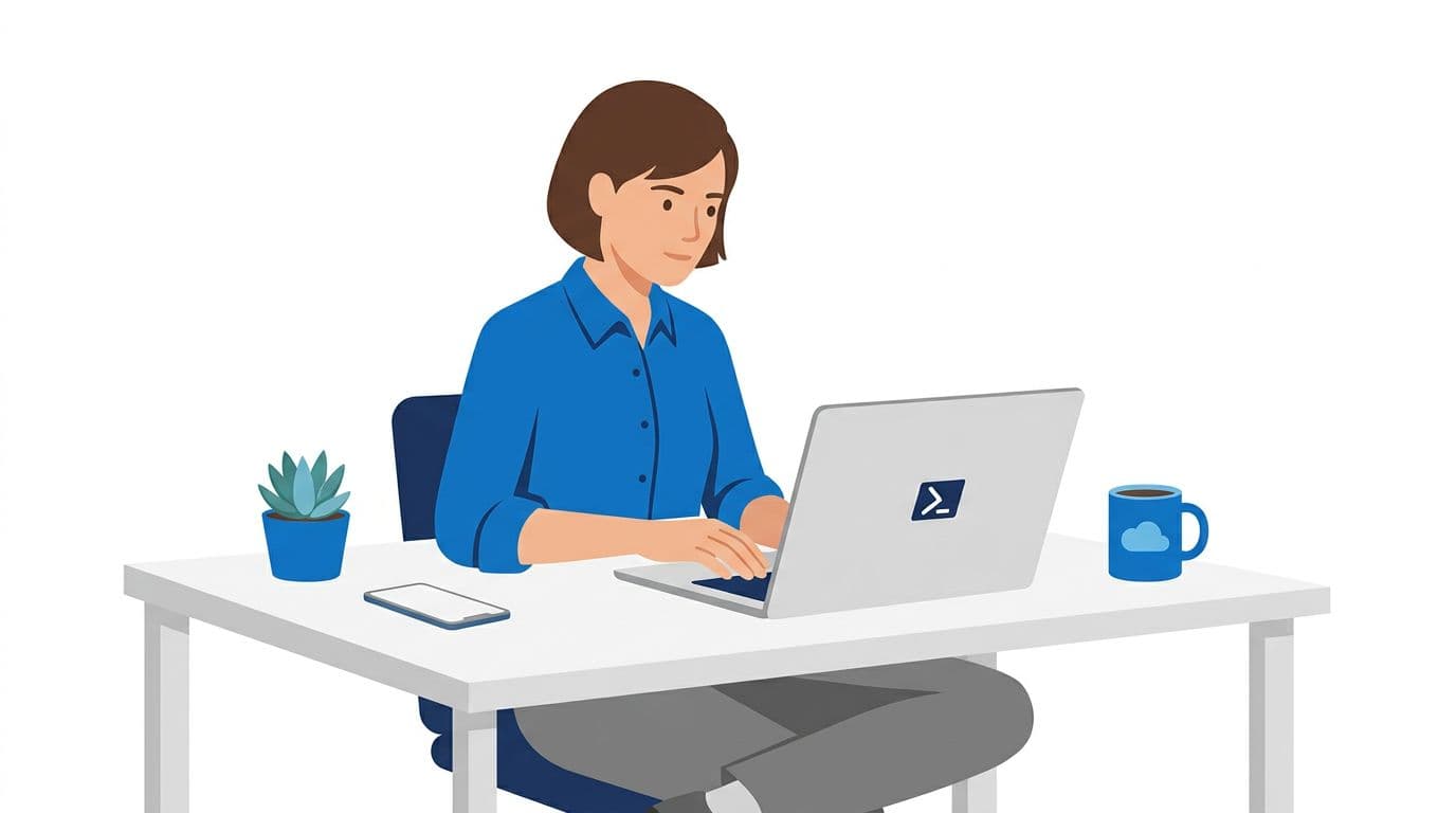 Clean, professional flat vector illustration in cybersecurity style showing an IT admin at a desk using a laptop to run PowerShell for Exchange Online CMMC compliance checks, with a generic command window, relaxed hands on keyboard, coffee mug nearby, on white background with Microsoft 365 blue accents.