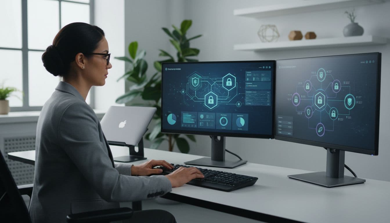 Professional IT administrator in a modern secure office, seated at a desk with dual monitors showing abstract compliance dashboard for data protection and DLP policies in Purview, hands on keyboard.