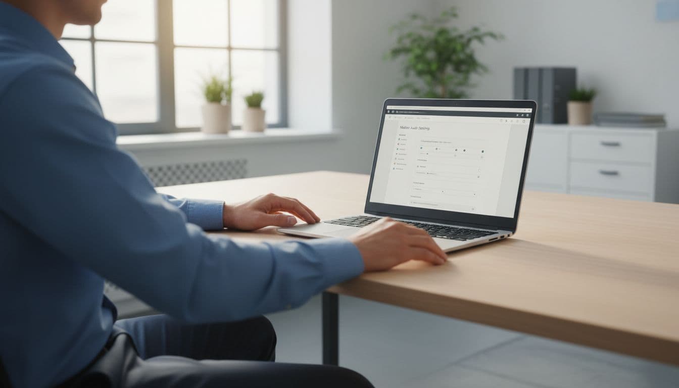 IT administrator sits at office desk with laptop open to Microsoft Purview mailbox audit settings page.