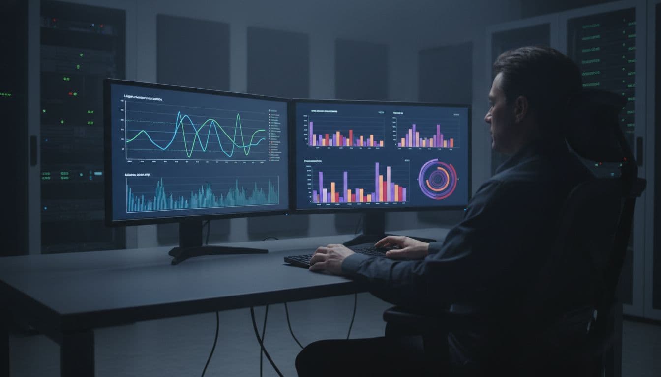 An IT administrator reviews abstract graphs and timelines of Entra ID sign-in and VPN logs on dual monitors in a dimly lit secure operations center, illuminated by screen glow for a professional atmosphere.